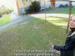 Blonde cutie tricked into outdoor sex