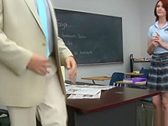 Red head receives cum on teacher desk