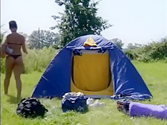 tanned euro babe fucks guy outdoors