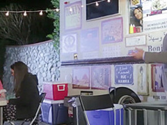 Hot girl in an outdoor shower sucking cock