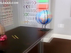 Hot teen in uniform exposes her shaved pussy and takes a cumshot