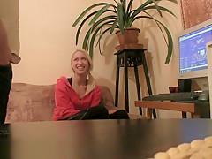 Sexy Blonde porn fan Eva rides me on the sofa