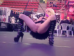 Blonde plays with her snatch and squirts in public