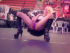 Blonde plays with her snatch and squirts in public