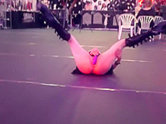 Blonde plays with her snatch and squirts in public