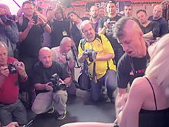 Blonde plays with her snatch and squirts in public