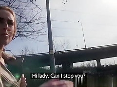 Long haired blonde fuckoing in public