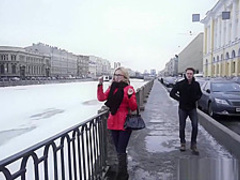 Russian girl with glasses getting facialized