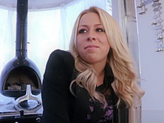 Blonde shaved babe masturbates before fucking