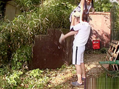 Small Asian chick outside making sweet love