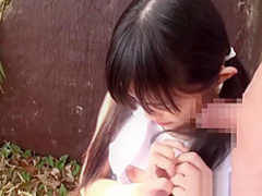 Small Asian chick outside making sweet love