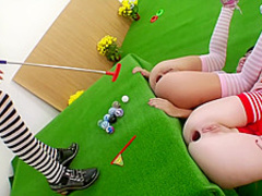 Horny lesbians playing anal golf