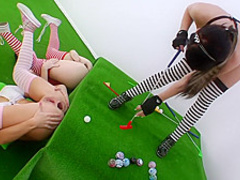 Horny lesbians playing anal golf