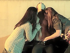 Sexy babes licking each other outdoors