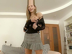 Naked teenage pussy sliding up and down stiff piston