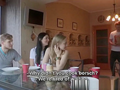 Barely legal girls pair together to please two cocks