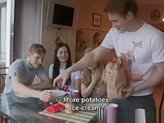 Barely legal girls pair together to please two cocks