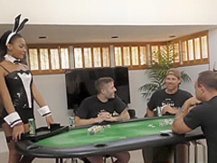 Sexy ebony Jazzy on her knees to suck white cock