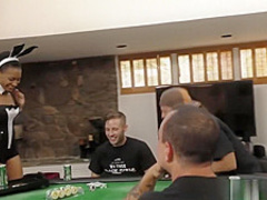 Sexy ebony Jazzy on her knees to suck white cock