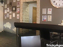 Hiding from the rain a brunette is trapped!