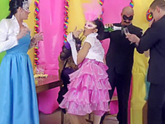 Hot ladies at a party get in a group orgy