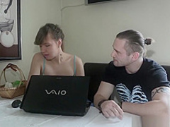 She gets a new TV just for riding a big phallus