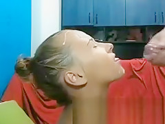 Cum on face of this brunette