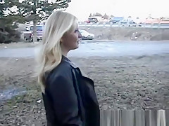 Blonde big boobed girlfriend flashing in public park bench