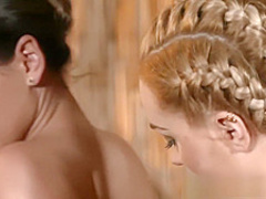 Massage Rooms Sexy blonde has her pussy filled with oily lesbian fingers