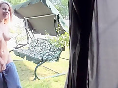 Amazing looking blonde masterbating in backyard for webcam