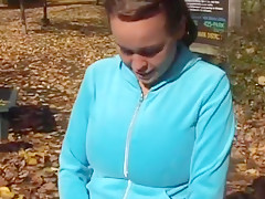 Brunette with Big Boobs jerking off a random Guy in his Car