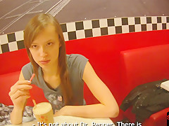 Pulled babe doggystyled in public bathroom