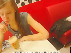 Pulled babe doggystyled in public bathroom