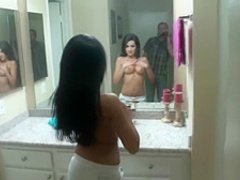 Hot girlfriend with huge tits sucks dick on camera