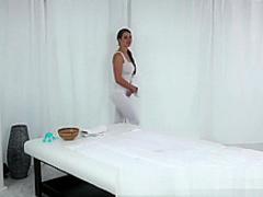 Beautiful brunette oils up big cock before horny creampie