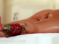 Beautiful brunette oils up big cock before horny creampie