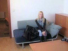 Busty Blonde Babe gets jizzed over in Casting interview