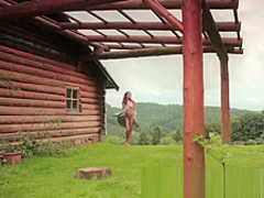 Joymii Eufrat Strips And Masturbates With Dildo Outdoors Beside Log Cabin