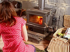 Hairy pussy orgasming by the stove