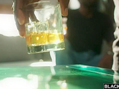 Cute little brunette babe is getting her tight pussy fucked by two hard black cocks