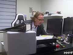 Kinky brunette lady boss is eagerly sucking a horny man’s fat dick, like a pro