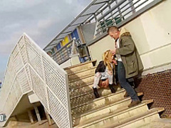 Petite skinny babe and her handsome boyfriend are having steamy sex in a public place