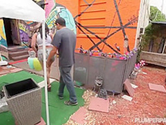 Voluptuous brunette with big tits and massive ass got fucked in a doggy position, until she came