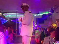 Naughty girls are taking turns sucking a handsome dancer's dick and getting fucked in the night club