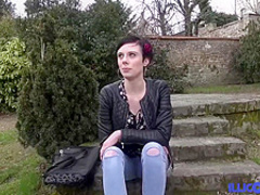 Short haired brunette, Stephanie got a naughty offer from a horny stranger and accepted it