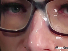 Spicy beauty gets jizz load on her face sucking all the jism