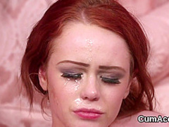 Spicy beauty gets jizz load on her face sucking all the jism