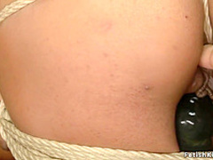 Redhead ebony gets hogtie bondage