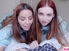 Teen stepsisters give their stepbro a double blowjob