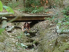 Bound blondes banged in woods